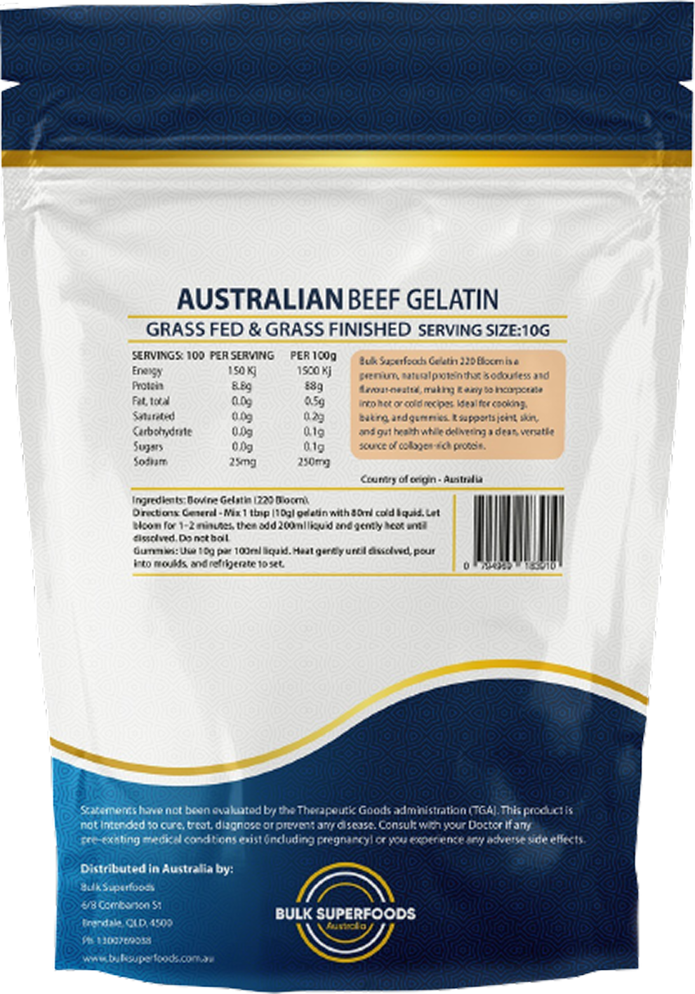 Pure Australian Beef Gelatin Grass Fed & Grassed Finished 1Kg