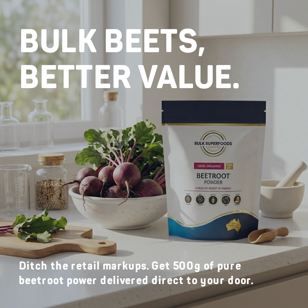 Beetroot powder package with fresh beets on a kitchen counter, promoting bulk purchase savings.