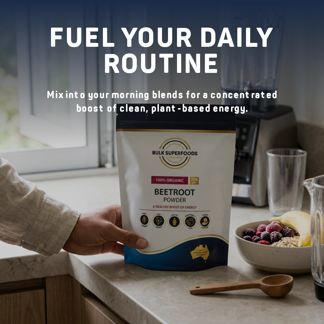 Person holding a package of Bulk Superfoods Beetroot Powder on a kitchen counter with text about fueling daily routines.