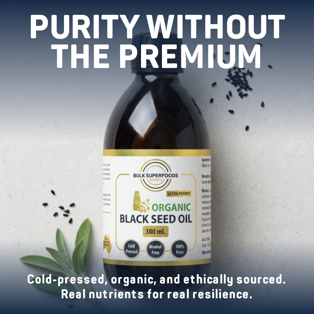 Bottle of Bulk Superfoods Organic Black Seed Oil with text about purity and quality.