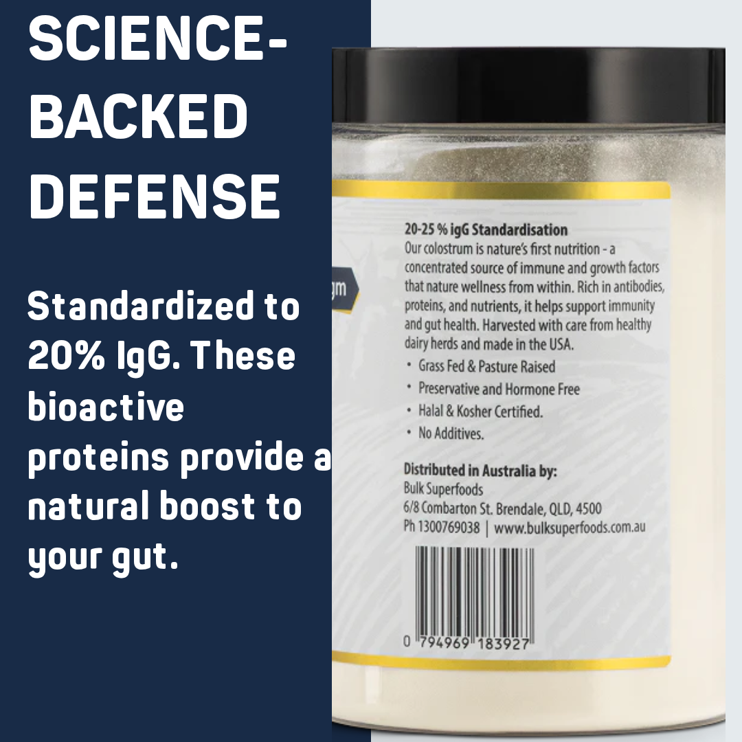 Supplement container with text about science-backed defense and bioactive proteins on a blue background