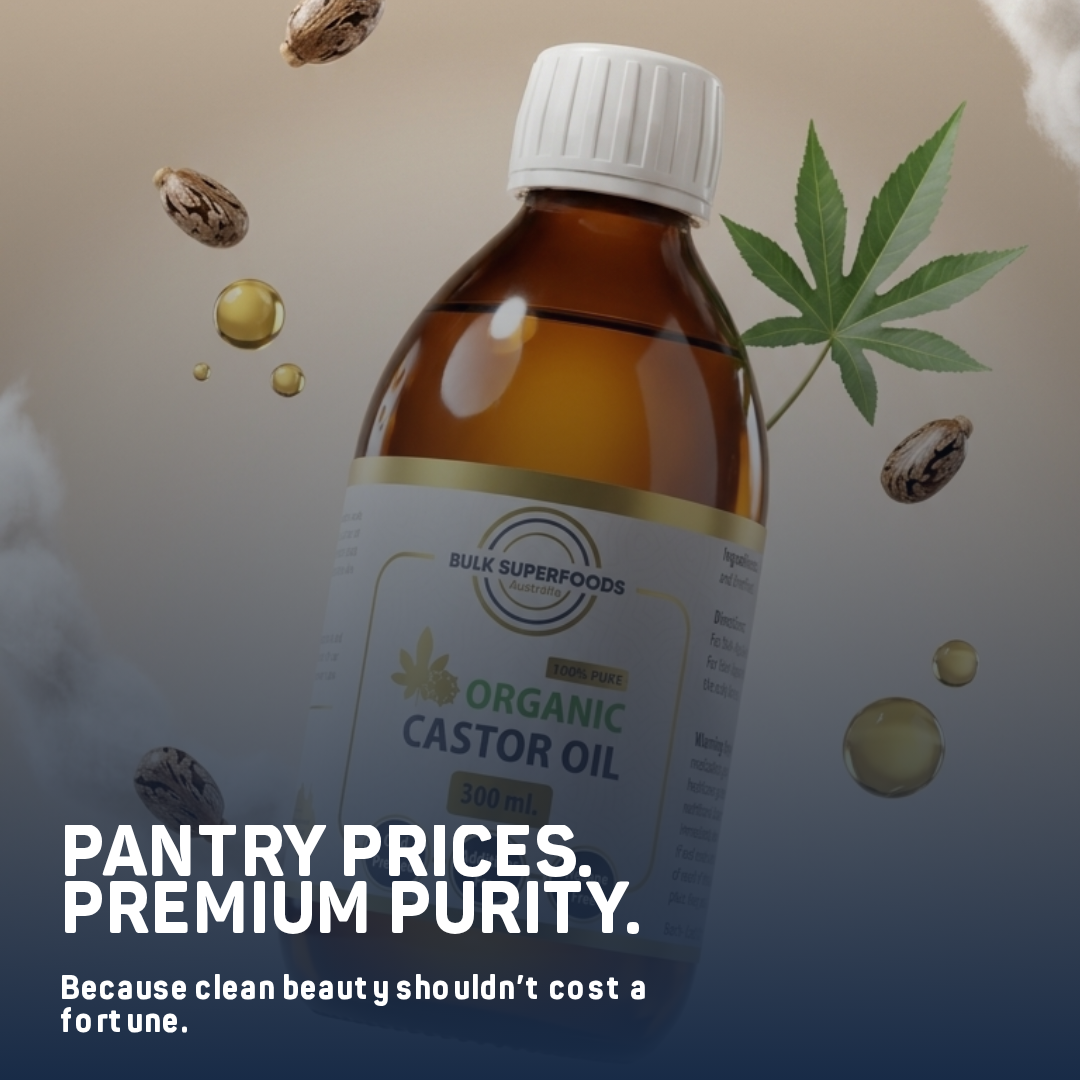 Bottle of organic castor oil with cannabis leaf and seeds on a gradient background